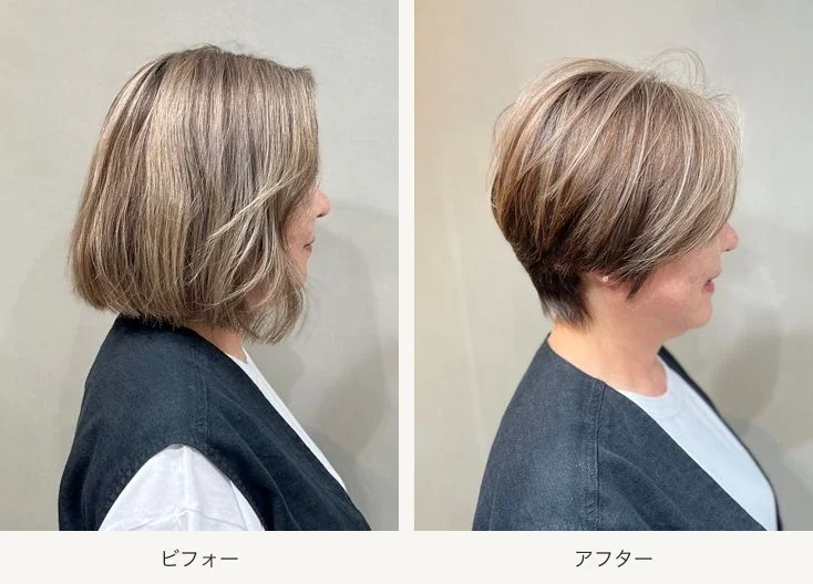 後頭部の丸みと襟足のシルエットを横から比較したビフォーアフター。左が施術前のボブ、右が施術後のショート。